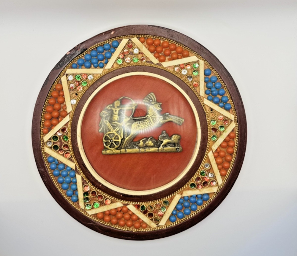 Vintage Pair Egyptian Inlaid Wood Wall Plates Chariot & Nefertiti Cairo 1970